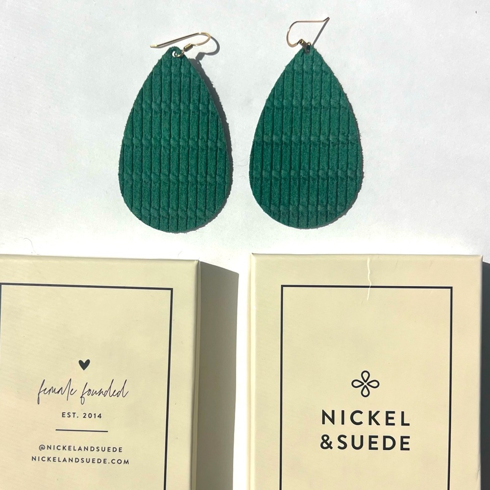 Nickel & Suede Medium Spearmint Cord Leather Earrings - green teardrop earrings